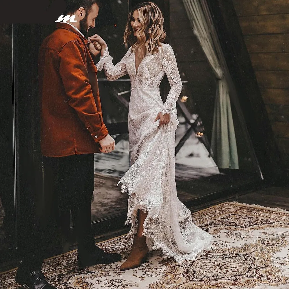 Long Sleeve Lace V Neck Boho Wedding Dress