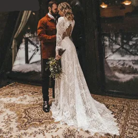 Long Sleeve Lace V Neck Boho Wedding Dress