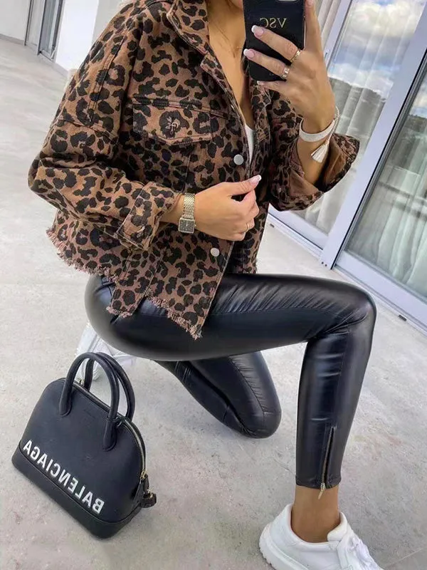 Long Sleeves Loose Buttoned Fringed Leopard Pockets Lapel Outerwear