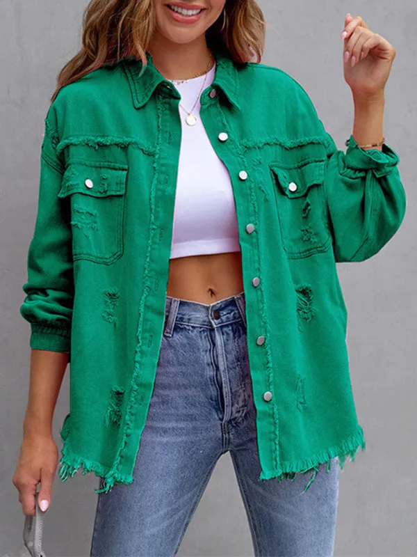 Long Sleeves Loose Fringed Pockets Lapel Outerwear