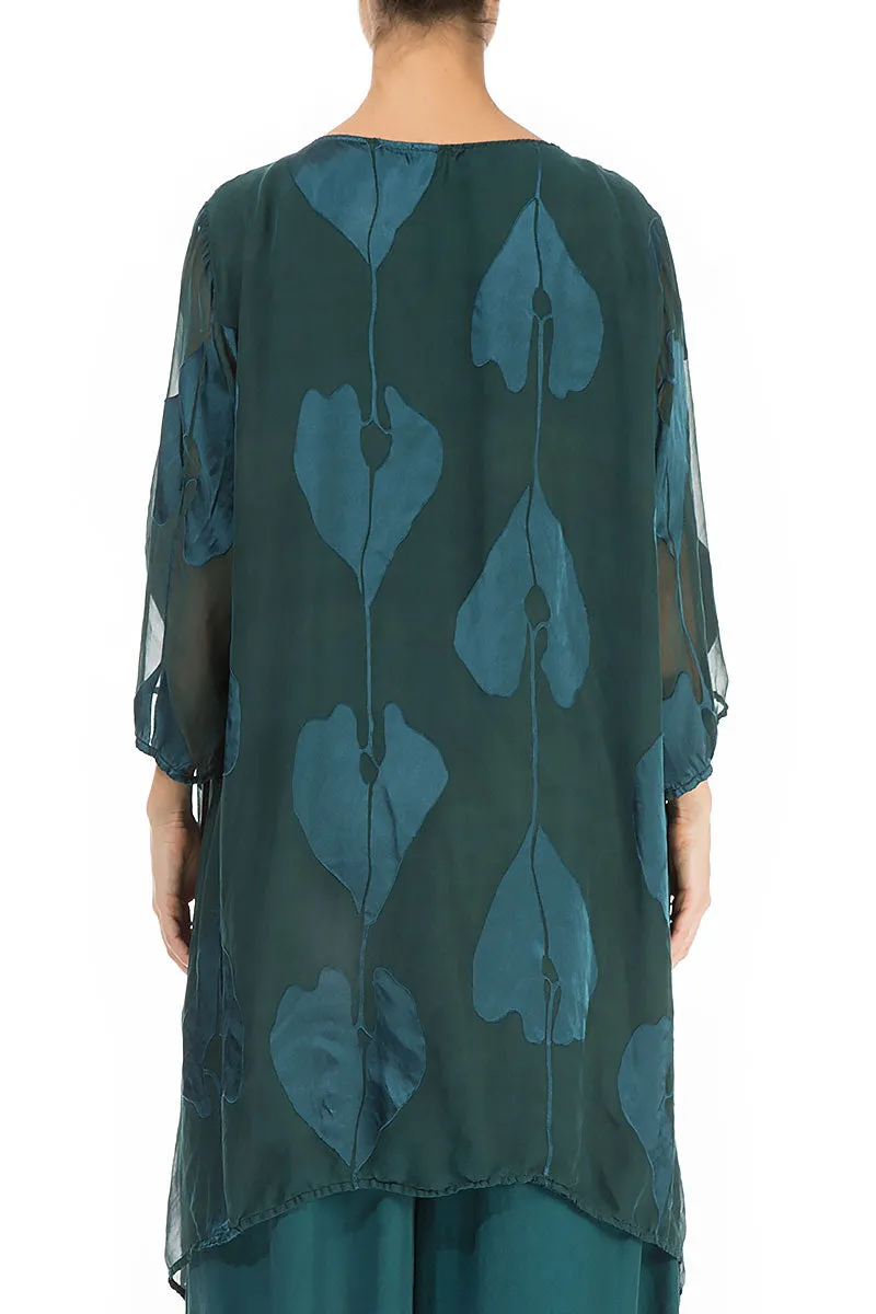 Longer Sides Leaves Pattern Emerald Silk Tunic