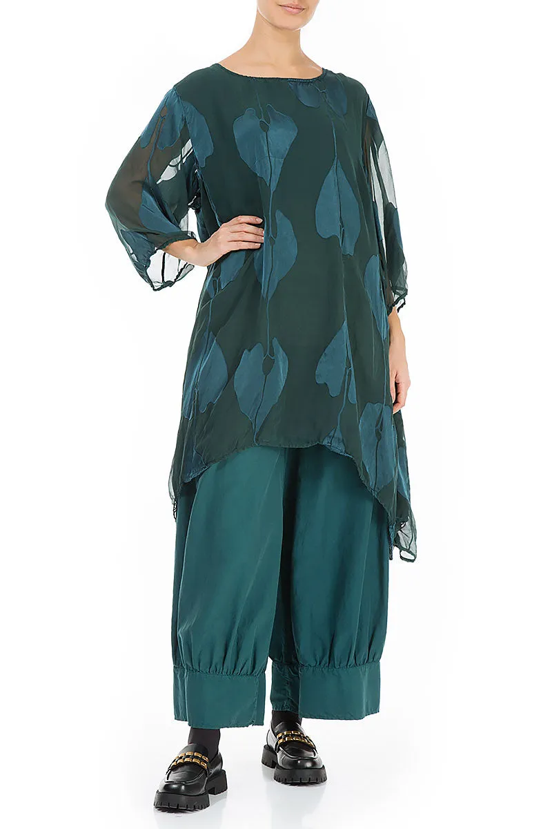 Longer Sides Leaves Pattern Emerald Silk Tunic