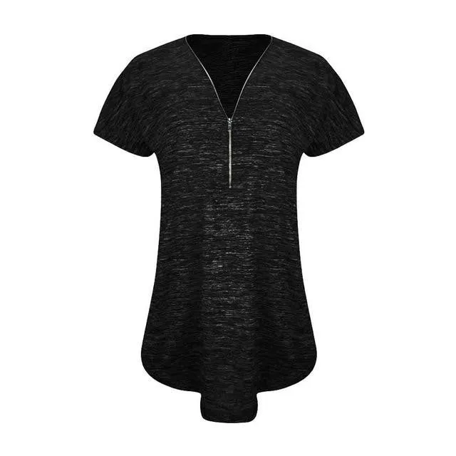 Loose Fitting Zip Up V Neck Shirt Tunic