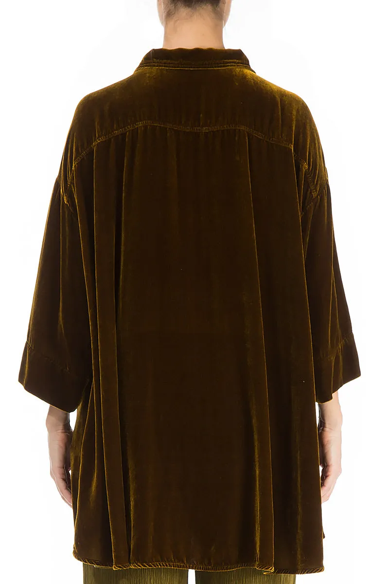 Loose Golden Olive Silk Velvet Shirt