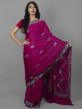 Magenta Grey Aari Embroidered Crepe Silk Saree From Kashmir  - S031702156