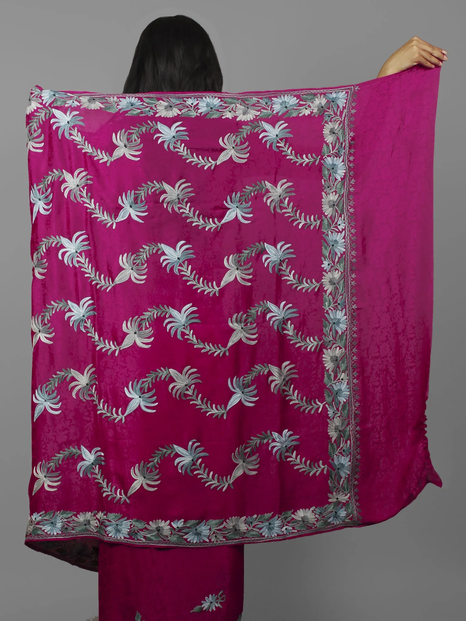 Magenta Grey Aari Embroidered Crepe Silk Saree From Kashmir  - S031702156