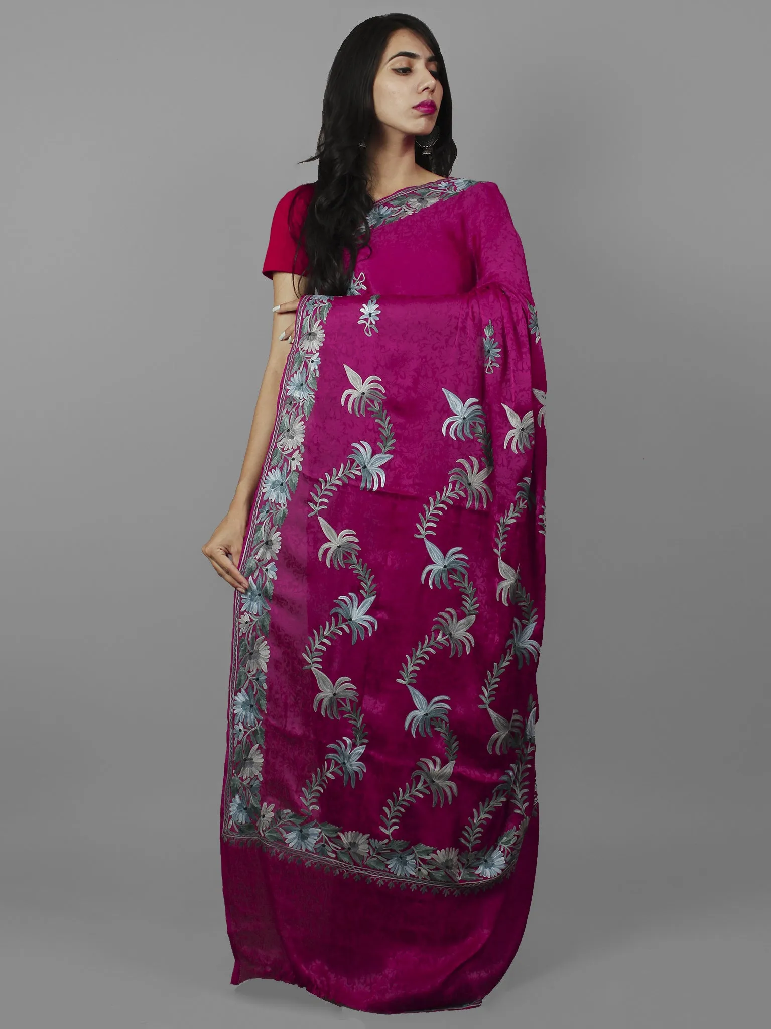 Magenta Grey Aari Embroidered Crepe Silk Saree From Kashmir  - S031702156