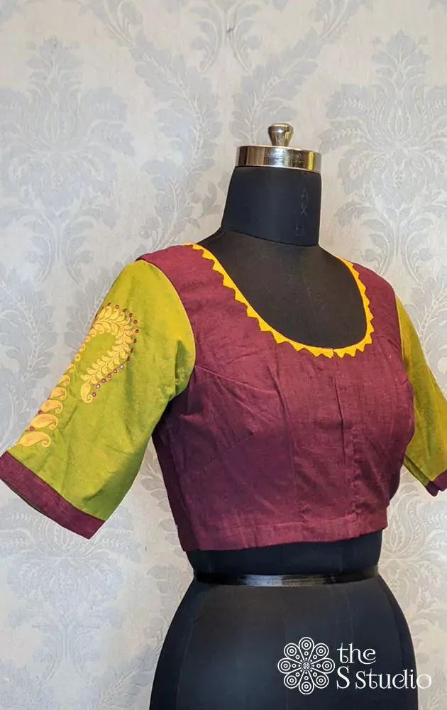 Maroon cotton with green embroidered sleeves