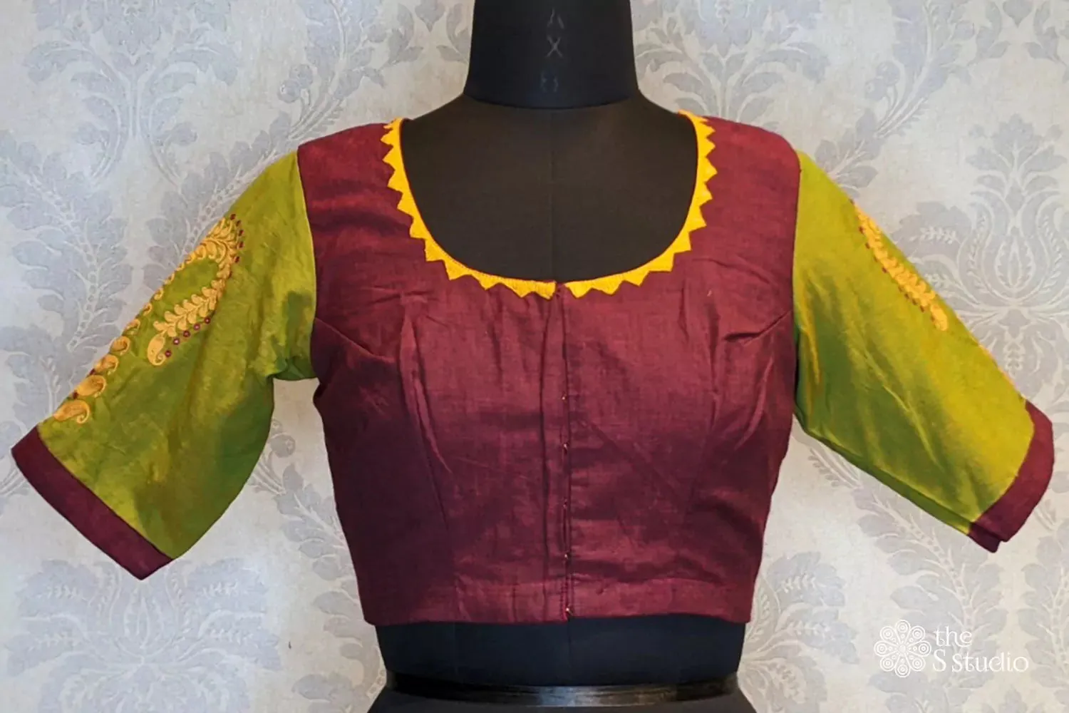 Maroon cotton with green embroidered sleeves