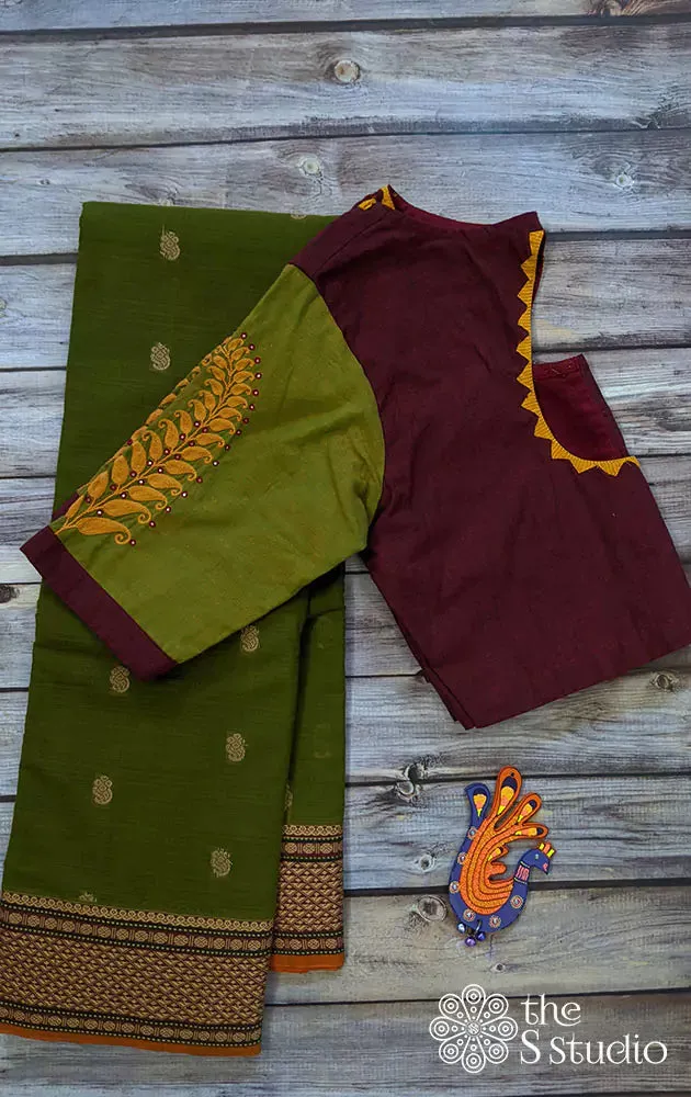 Maroon cotton with green embroidered sleeves