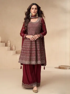 Maroon Embroidered Chinnon Silk Palazzo Suit