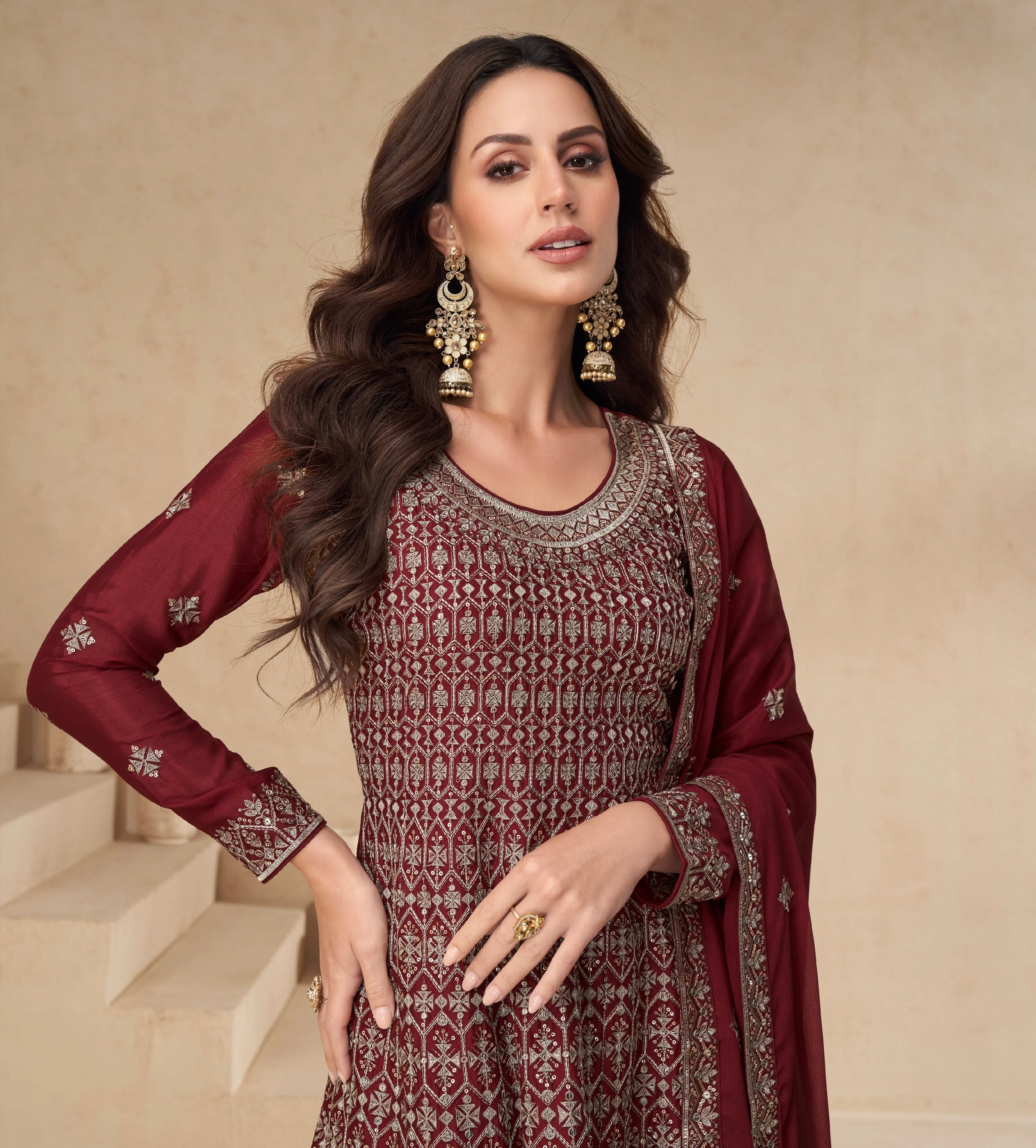 Maroon Embroidered Chinnon Silk Palazzo Suit