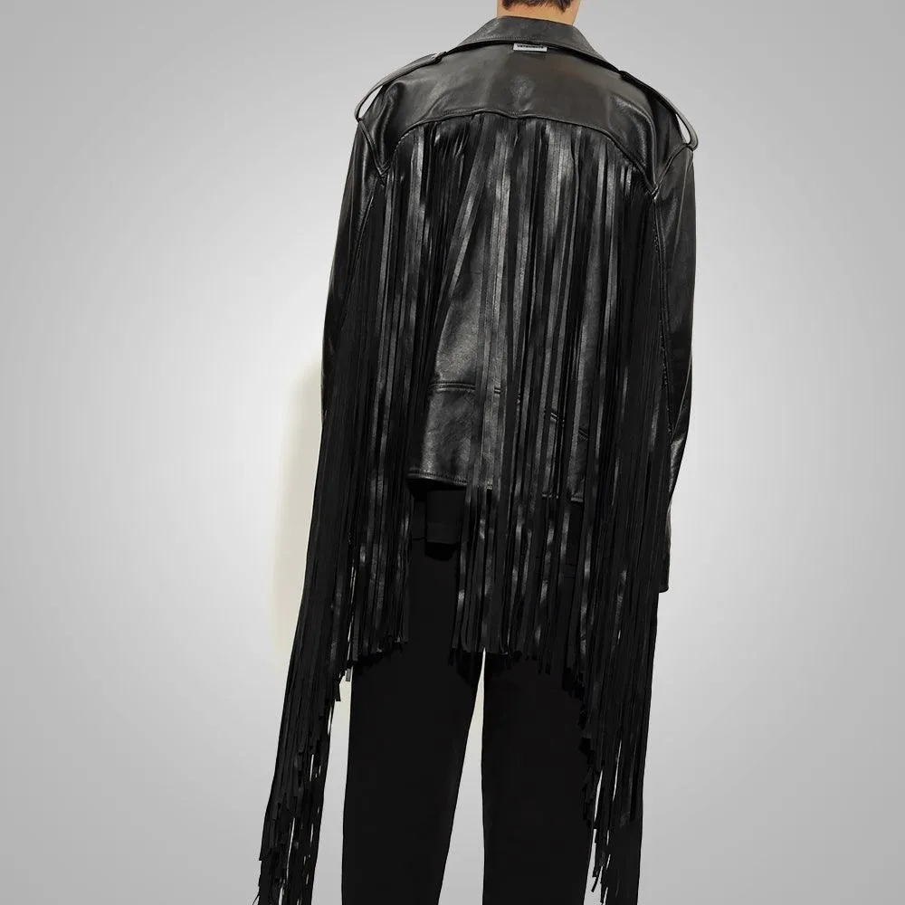 Men's Black Leather Motorcycle Western Cowboy Fringed Jacket