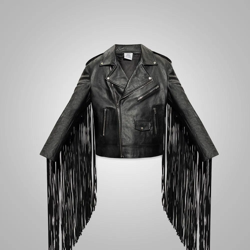 Men's Black Leather Motorcycle Western Cowboy Fringed Jacket