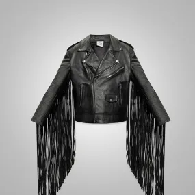 Men's Black Leather Motorcycle Western Cowboy Fringed Jacket