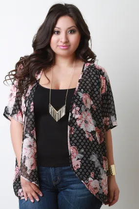 Mixed Floral Chiffon Open Front Cardigan