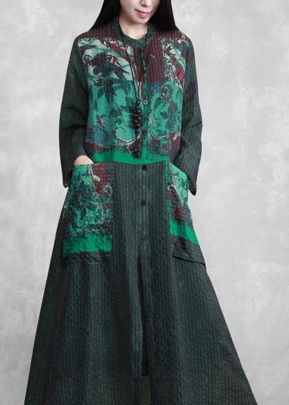 Modern Stand Collar Spring Tunics Sewing Green Print A Line Dress