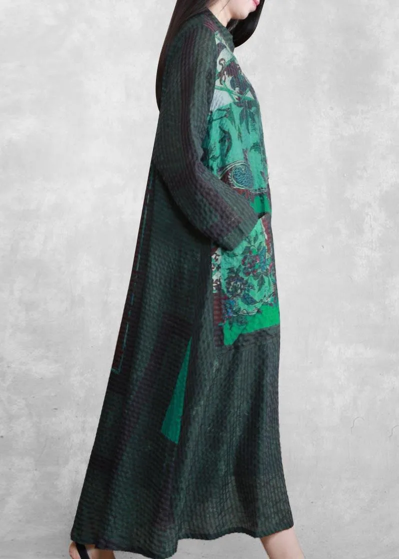 Modern Stand Collar Spring Tunics Sewing Green Print A Line Dress