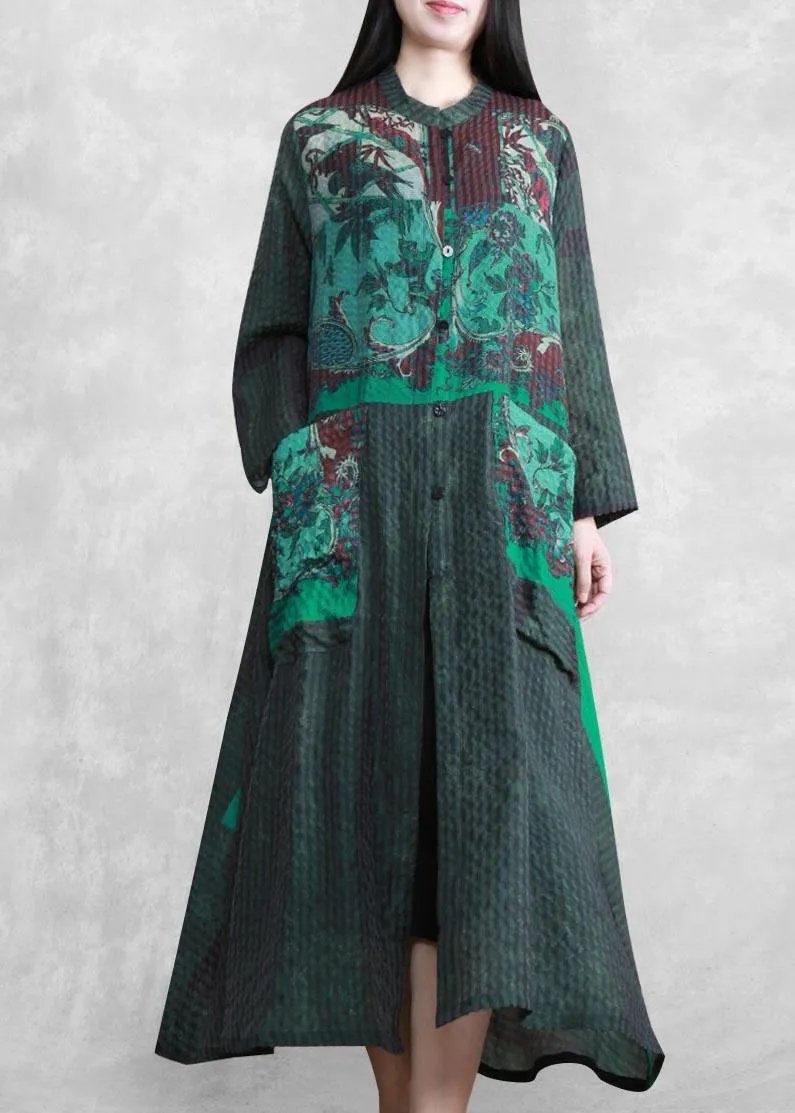 Modern Stand Collar Spring Tunics Sewing Green Print A Line Dress