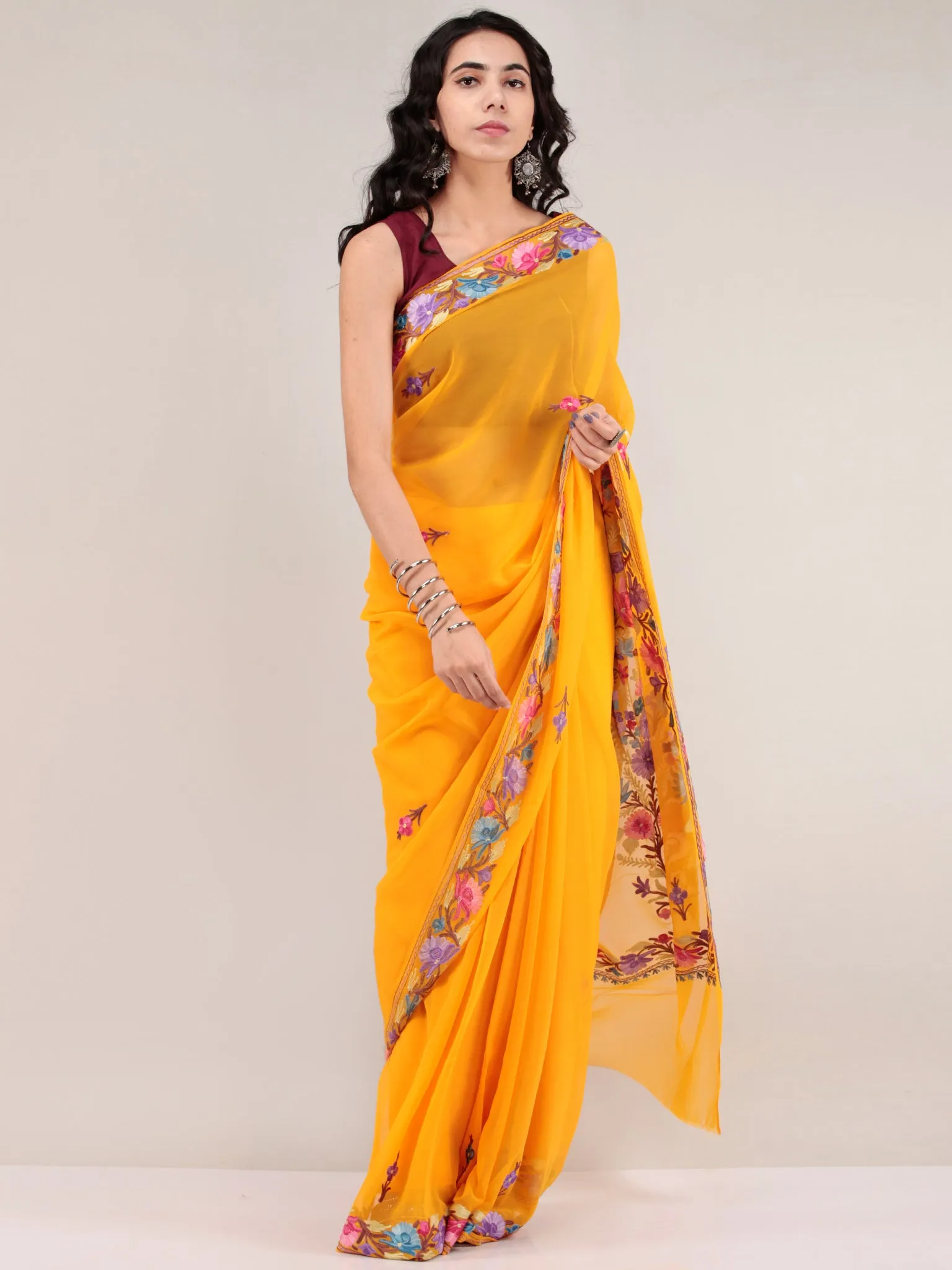 Mustard Yellow Aari Embroidered Georgette Saree From Kashmir - S031704671