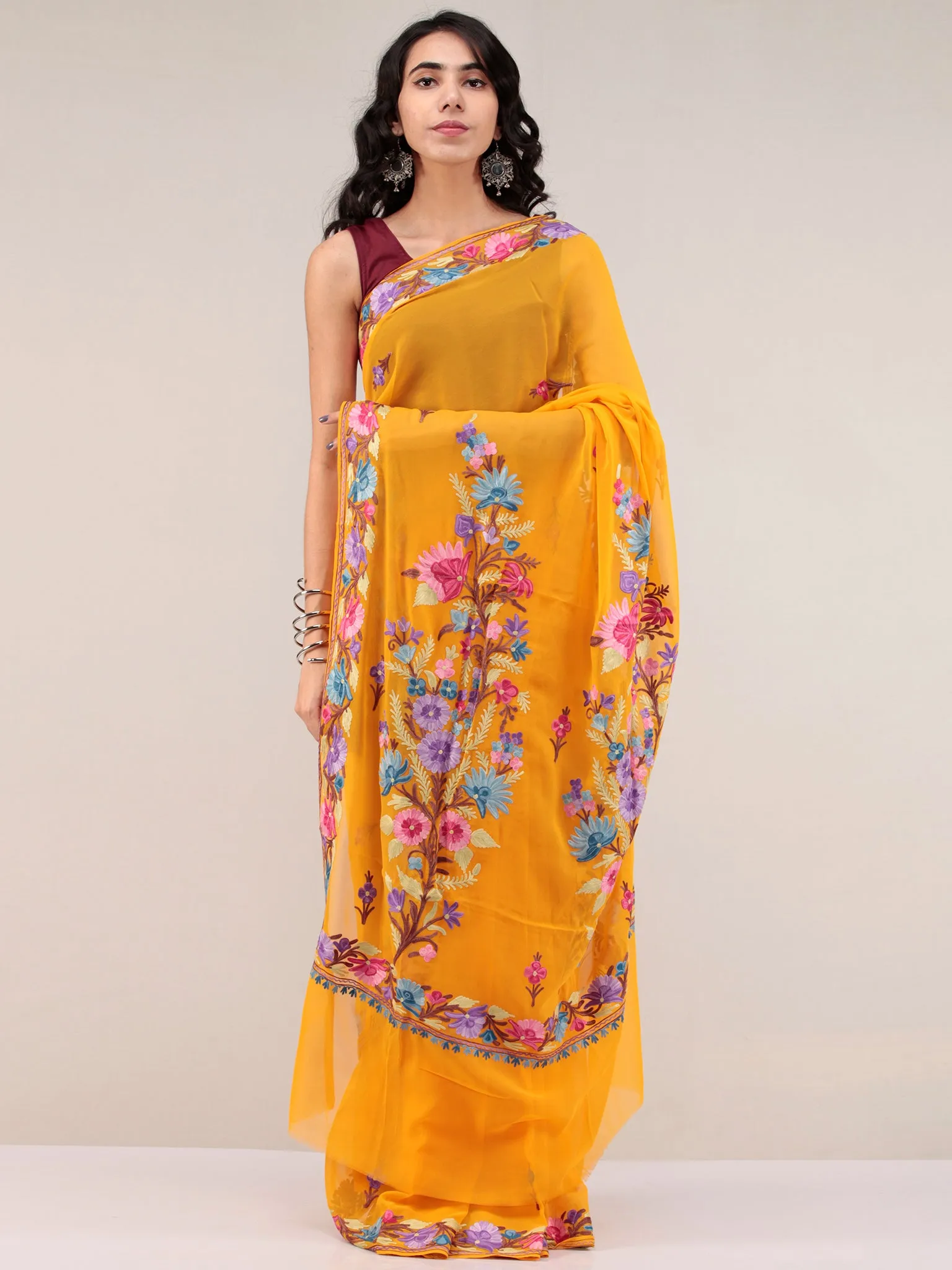 Mustard Yellow Aari Embroidered Georgette Saree From Kashmir - S031704671