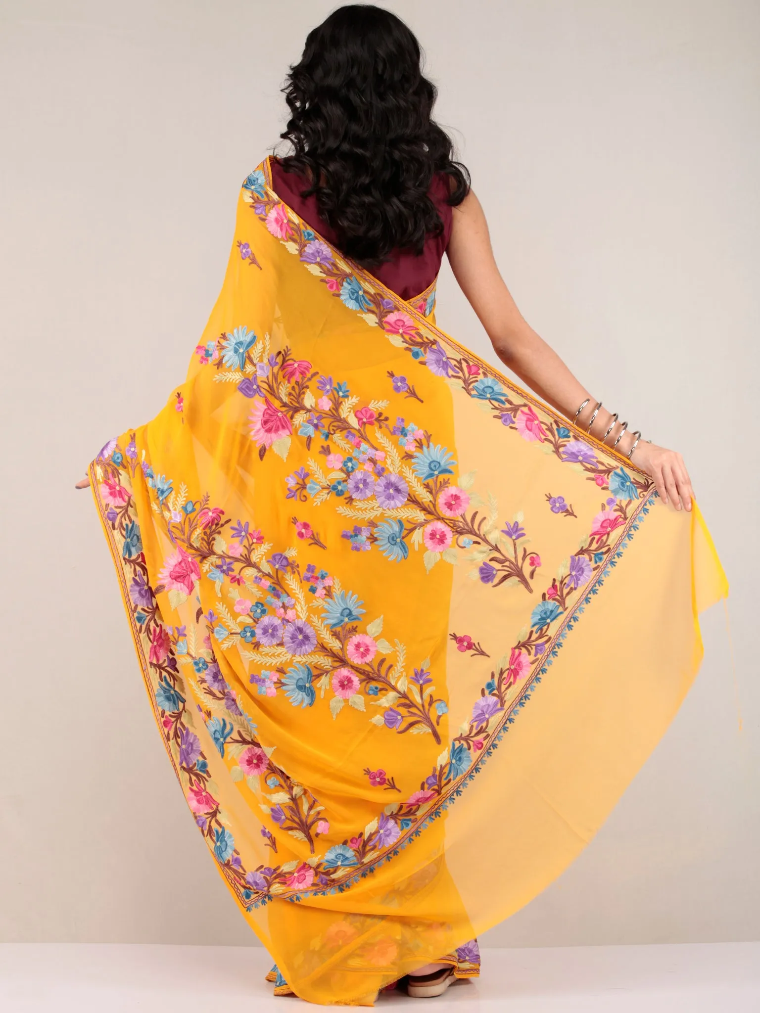 Mustard Yellow Aari Embroidered Georgette Saree From Kashmir - S031704671