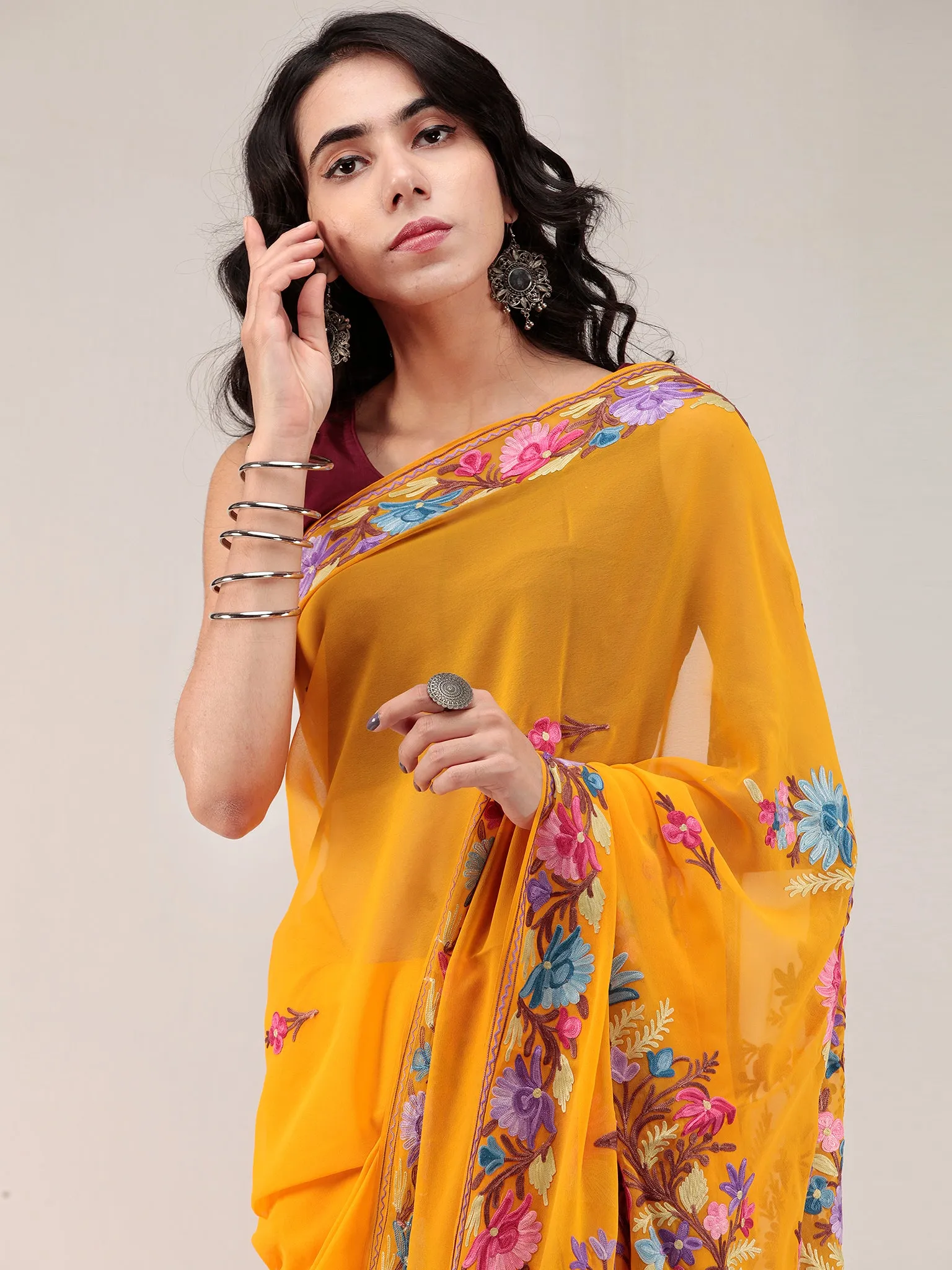 Mustard Yellow Aari Embroidered Georgette Saree From Kashmir - S031704671