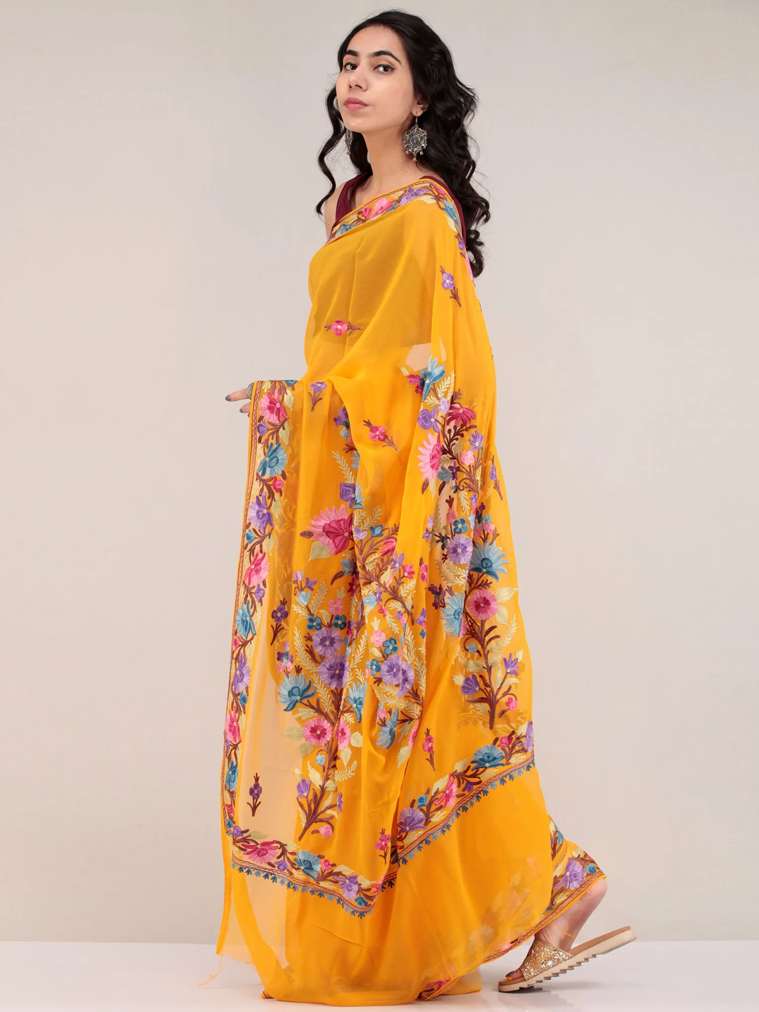 Mustard Yellow Aari Embroidered Georgette Saree From Kashmir - S031704671