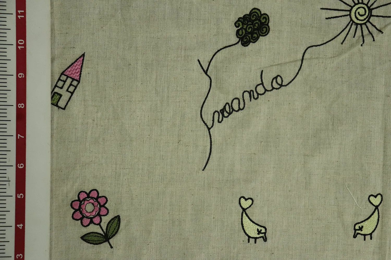 Natural Beige & Pink Quirky Cotton Flax Fabric