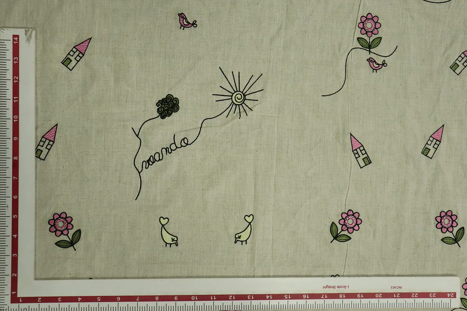 Natural Beige & Pink Quirky Cotton Flax Fabric