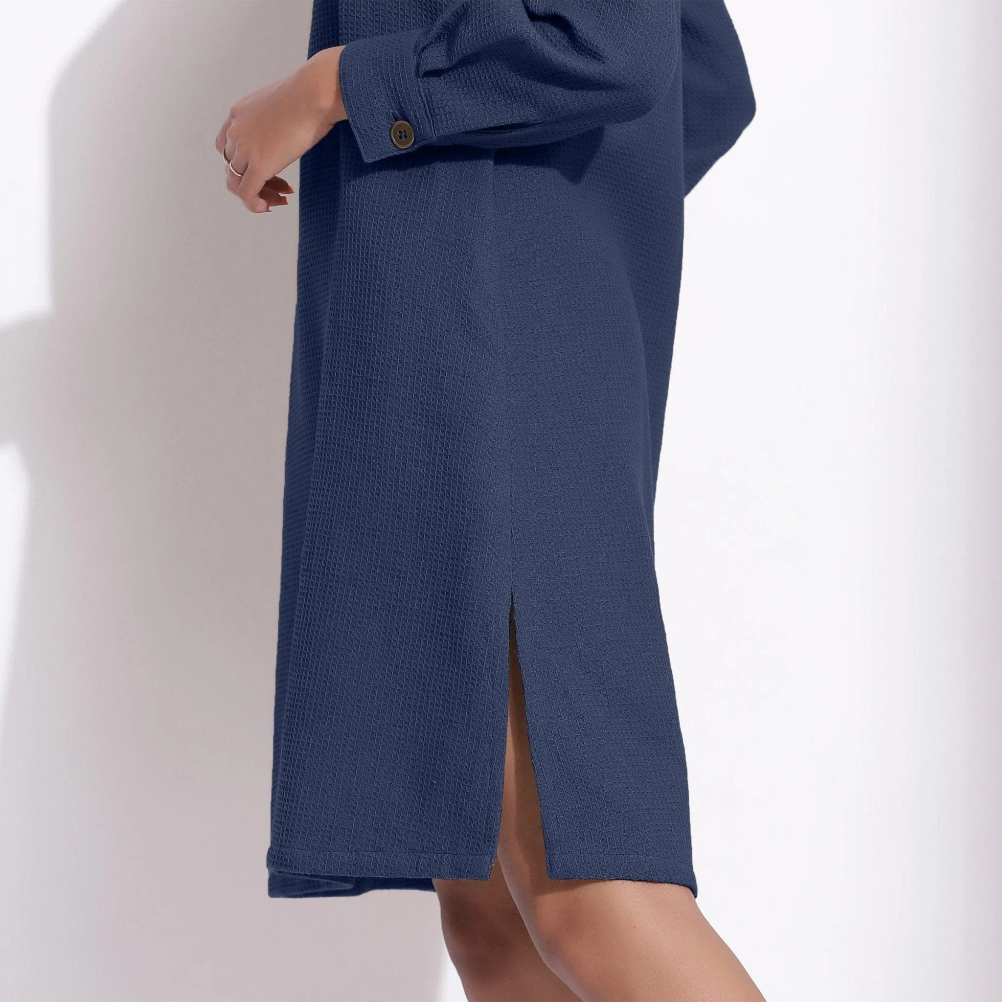 Navy Blue Warm Cotton Waffle Knee Length Shift Dress