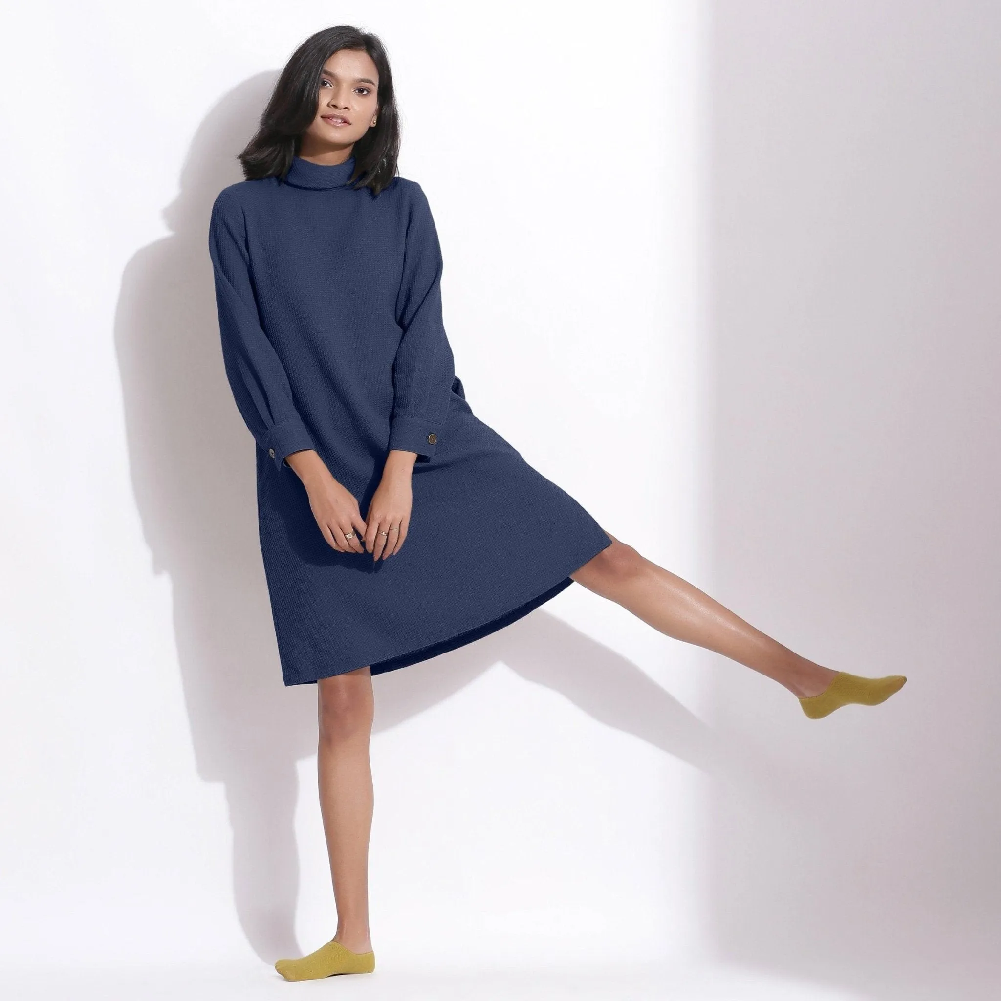 Navy Blue Warm Cotton Waffle Knee Length Shift Dress