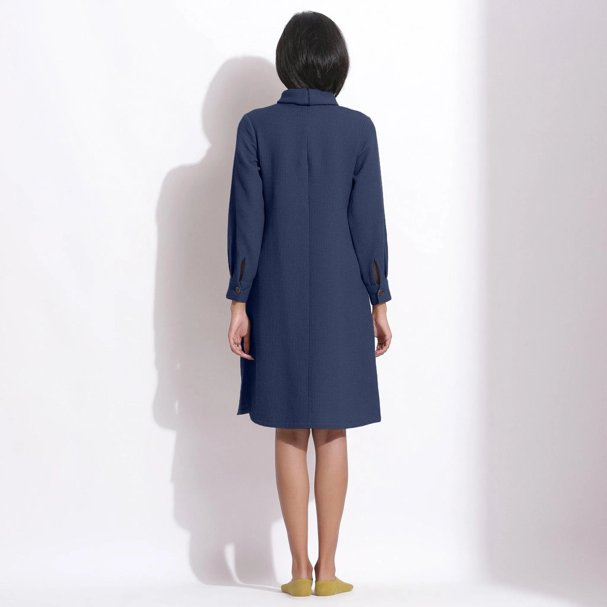 Navy Blue Warm Cotton Waffle Knee Length Shift Dress