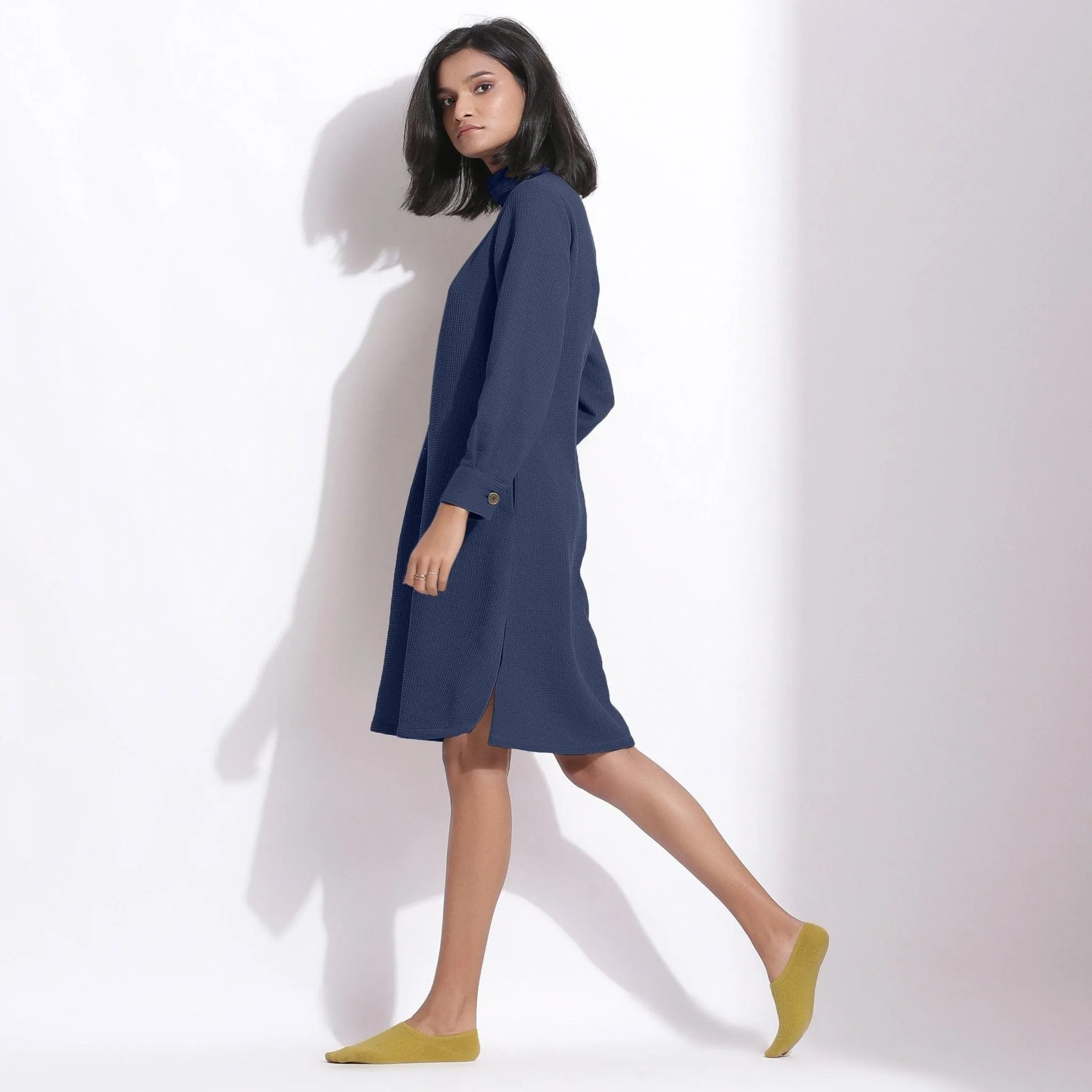 Navy Blue Warm Cotton Waffle Knee Length Shift Dress