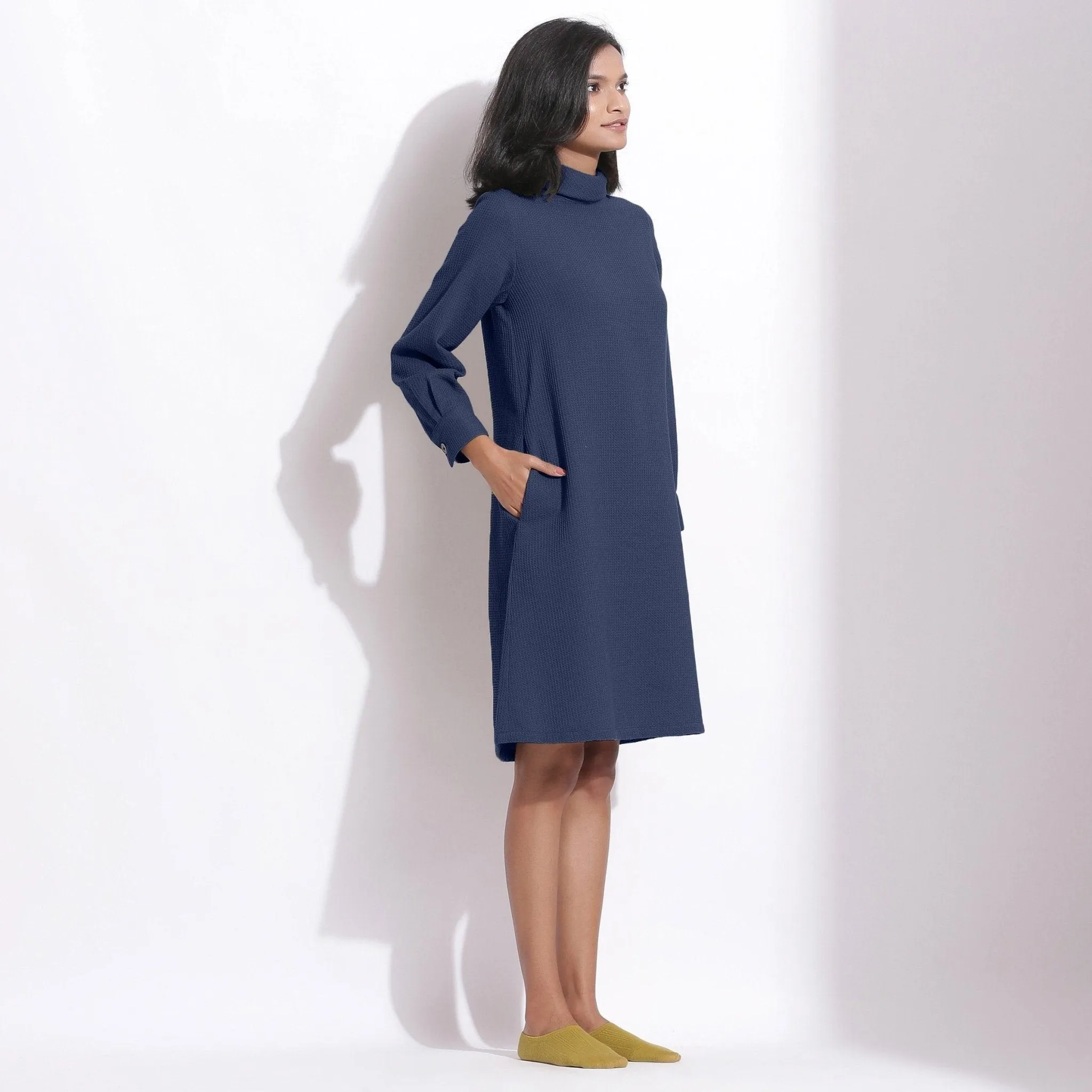 Navy Blue Warm Cotton Waffle Knee Length Shift Dress