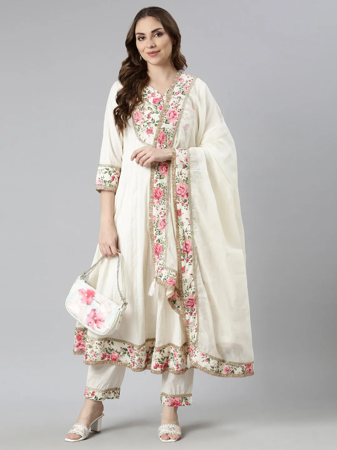 Neerus Cream Regular Flared Solid Kurta And  Trousers With Dupatta