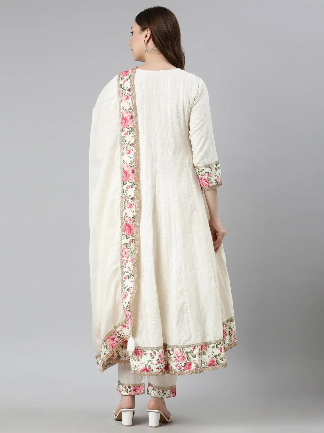 Neerus Cream Regular Flared Solid Kurta And  Trousers With Dupatta