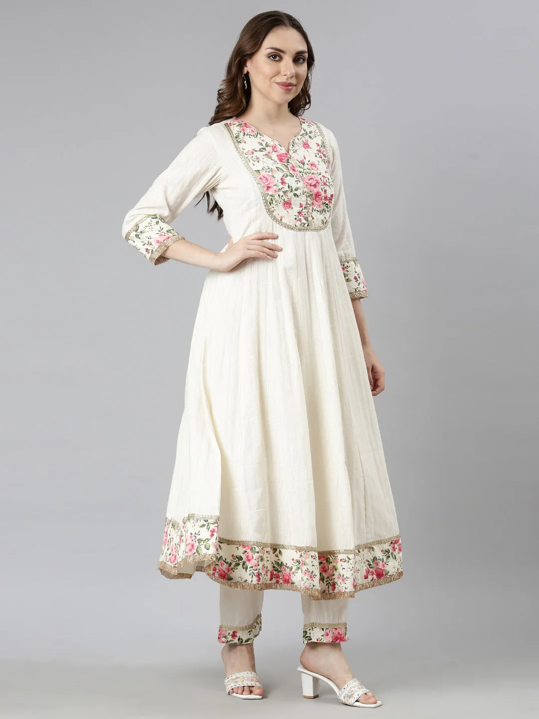 Neerus Cream Regular Flared Solid Kurta And  Trousers With Dupatta