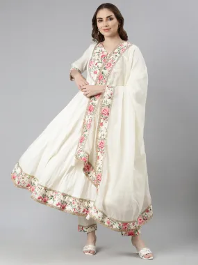 Neerus Cream Regular Flared Solid Kurta And  Trousers With Dupatta