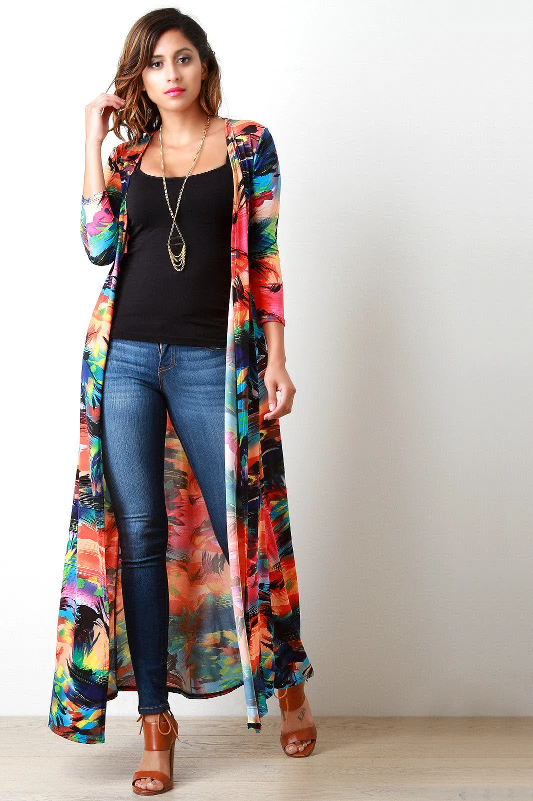 Neon Tropical Longline Open Front Cardigan