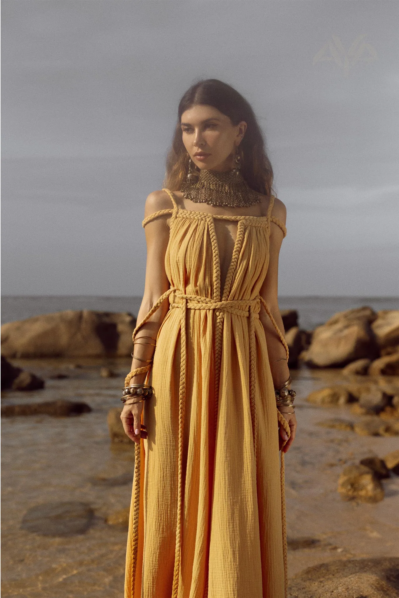 NEW! Yellow Gold Greek Goddess Prom Boho Dress