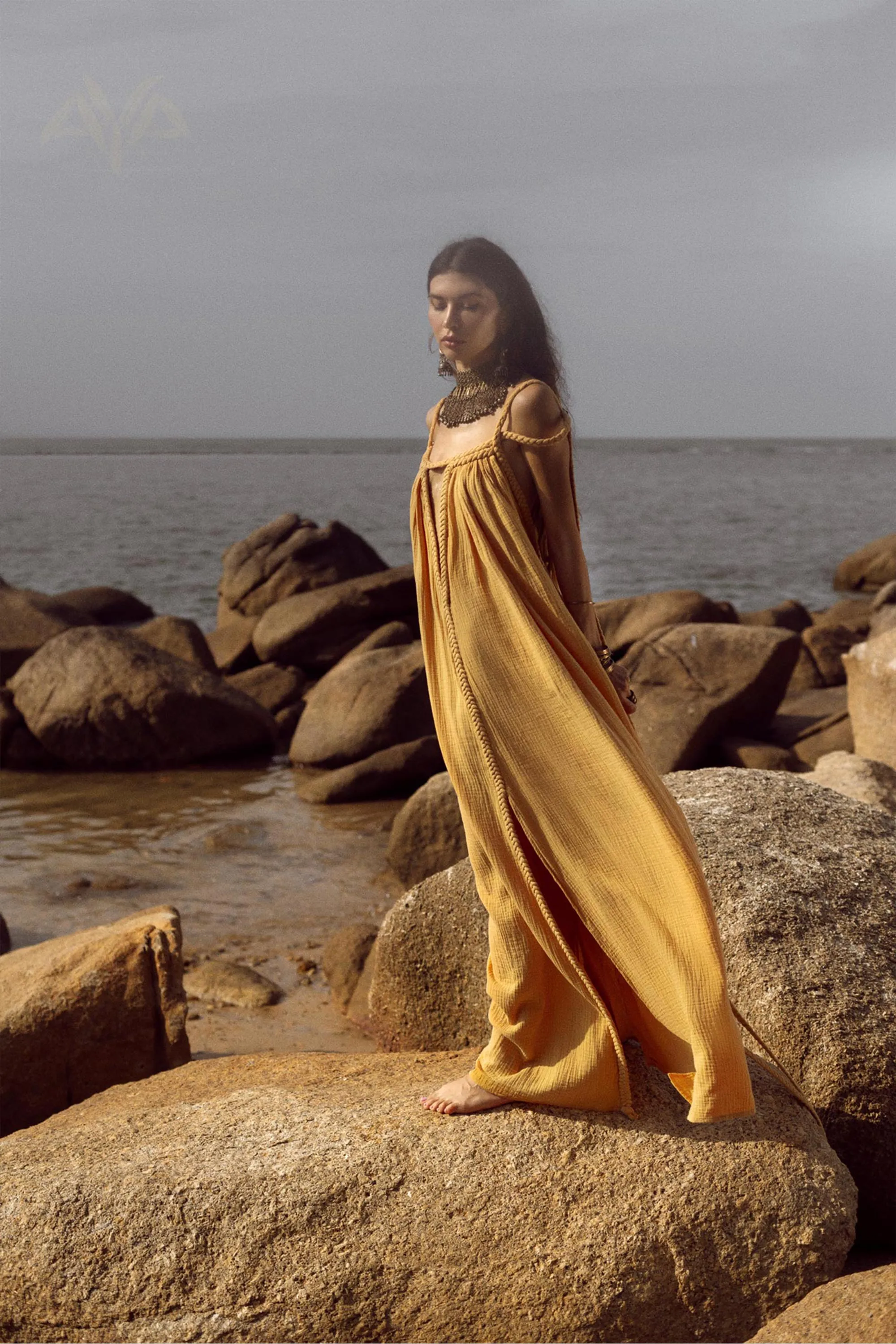 NEW! Yellow Gold Greek Goddess Prom Boho Dress