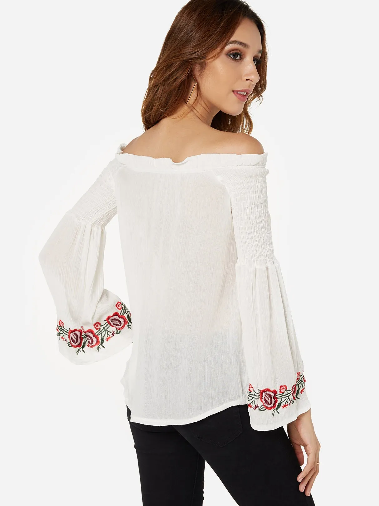 OEM ODM Off The Shoulder Embroidered Long Sleeve White Blouses