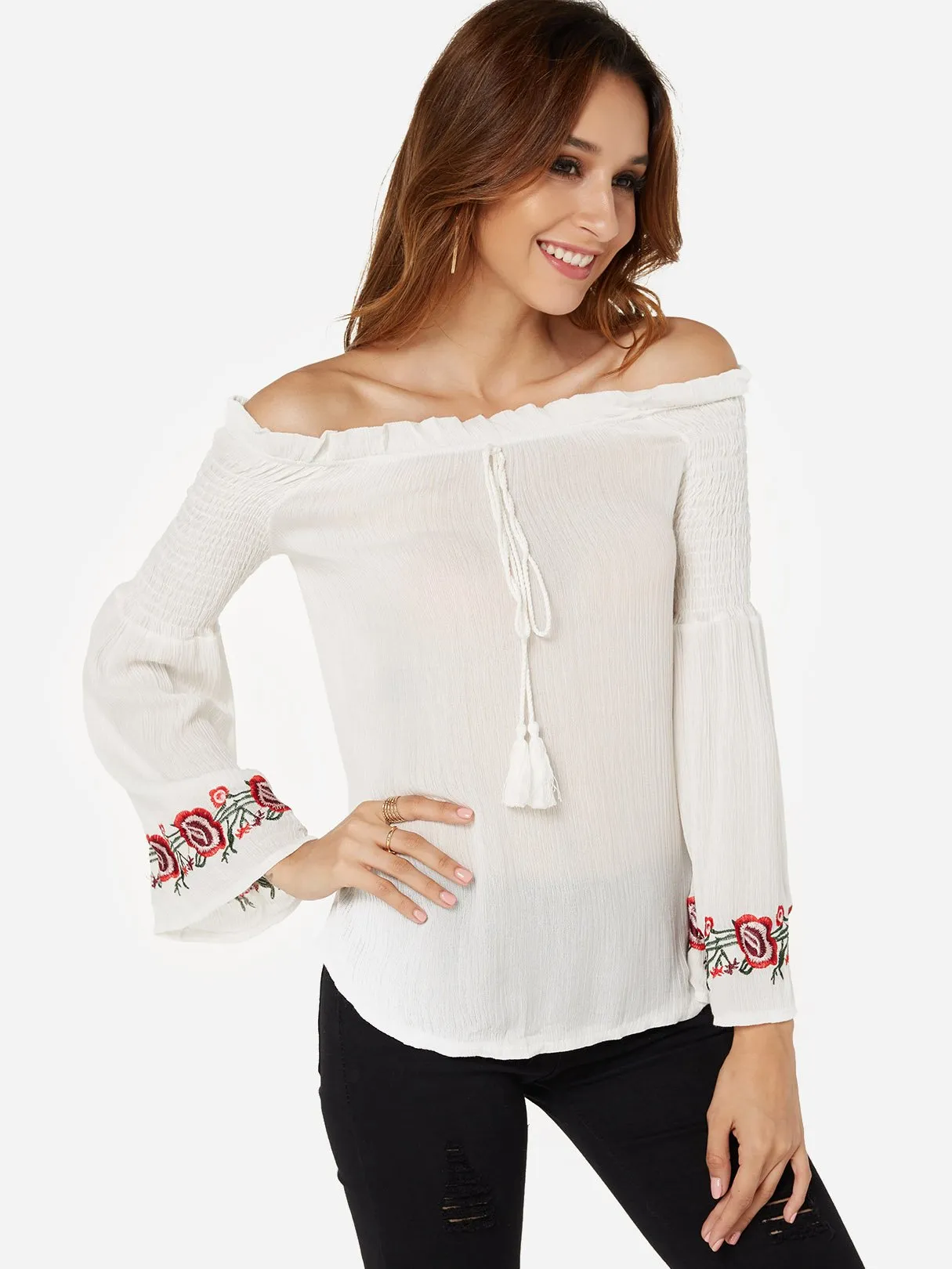 OEM ODM Off The Shoulder Embroidered Long Sleeve White Blouses