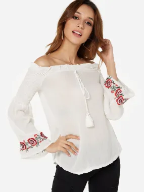 OEM ODM Off The Shoulder Embroidered Long Sleeve White Blouses