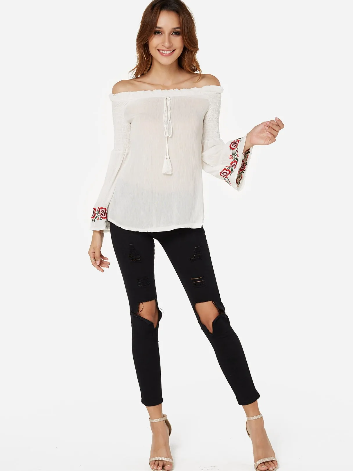 OEM ODM Off The Shoulder Embroidered Long Sleeve White Blouses