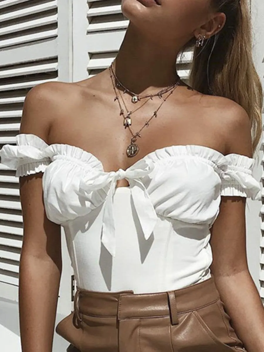 Off Shoulder Crop Tops - Pink/White