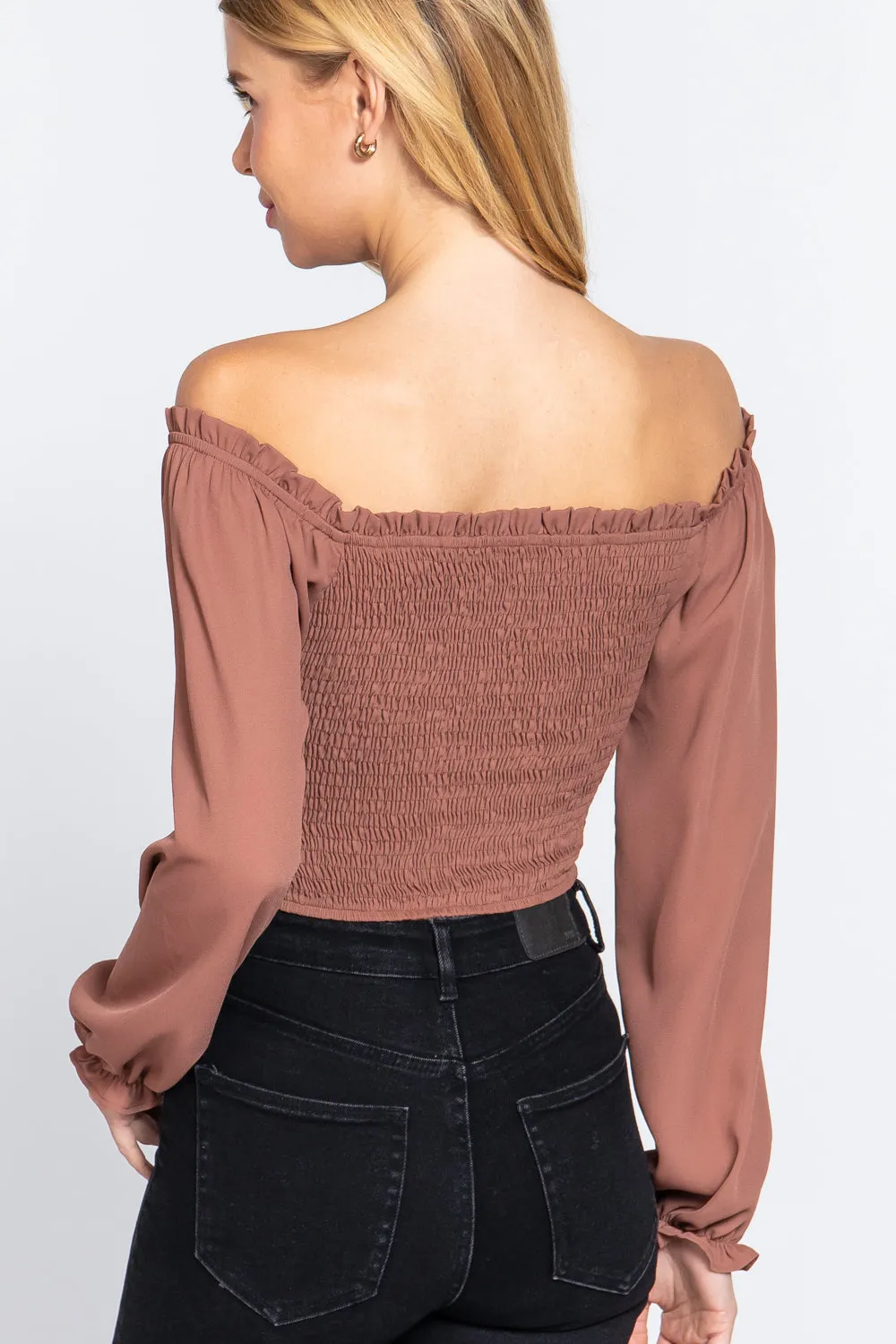 Off Shoulder Smocking Woven Top