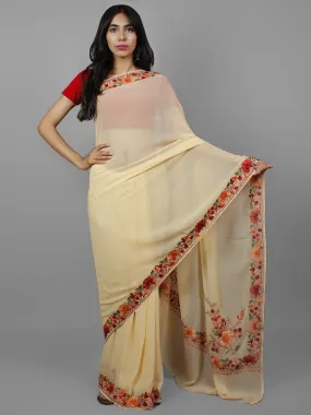 Off White Red Green Brown Aari Embroidered Chiffon Saree From Kashmir  - S031702165