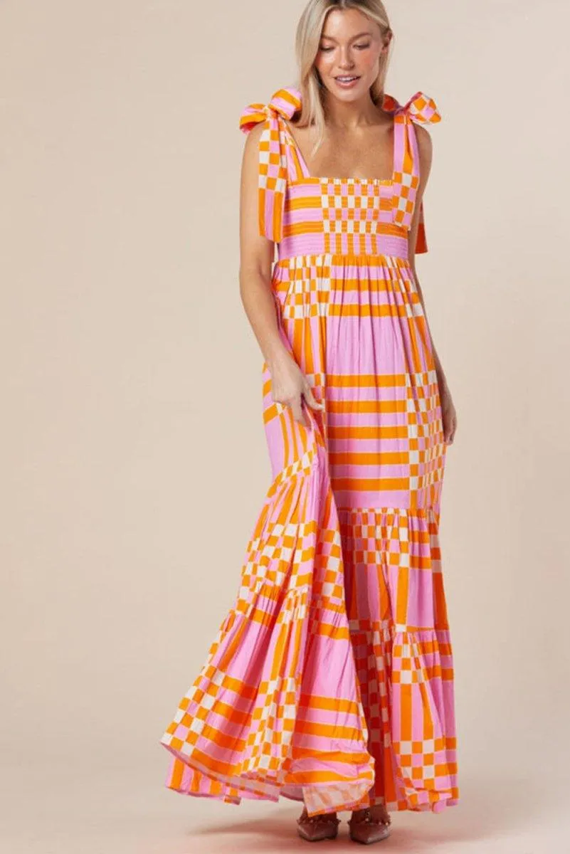 Pink Boho Gingham Maxi Dress